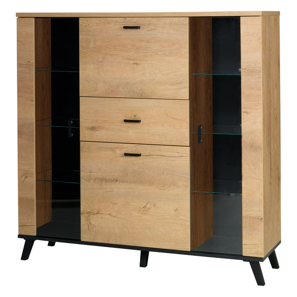 John Vitrine 131 cm mit 2 Glastüren, Tür, Klappe und Schublade – Eiche Lefkas / Schwarz