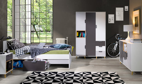 Joker Jugendzimmer-Set 3-teilig mit Kleiderschrank, Einzelbett mit Schublade und Nachttisch im Raum – Weiß / Graphit / Grau / Eiche Lefkas