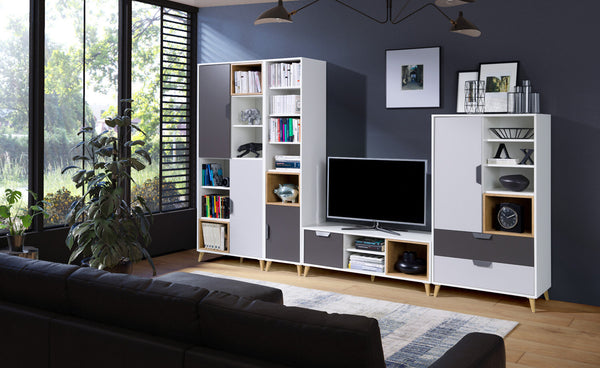 Joker Jugendzimmer-Set 4-teilig mit Hochregal mit Türen und Highboard – Weiß / Graphit / Grau / Eiche Lefkas