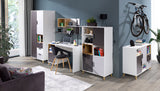 Joker Jugendzimmer-Set 5-teilig mit Kleiderschrank, Regal mit Türen (halbhoch) und Kommode im Raum – Weiß / Graphit / Grau / Eiche Lefkas