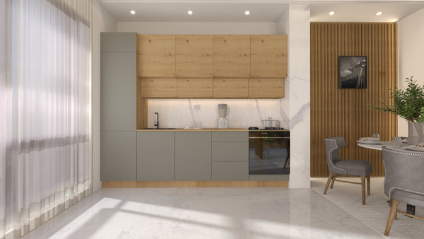 Nexa Küchenzeile KÜ06-L – Woodline & Beige – 300 cm – Moderne Familienküche mit Hochschrank und großzügigem Stauraum