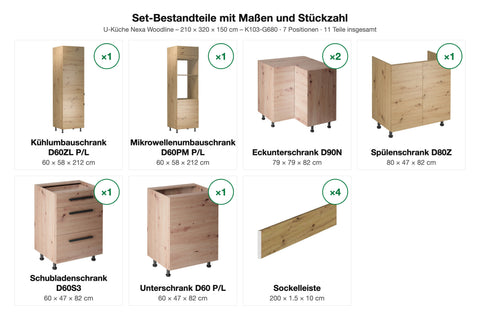 U-Küche Nexa Woodline – 210 × 320 × 150 cm – K103-G680 – Set-Bestandteile mit Maßen und Stückzahl