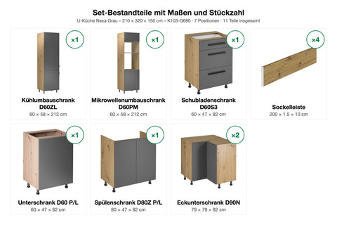 U-Küche Nexa Grau – 210 × 320 × 150 cm – K103-G680 – Set-Bestandteile mit Maßen und Stückzahl