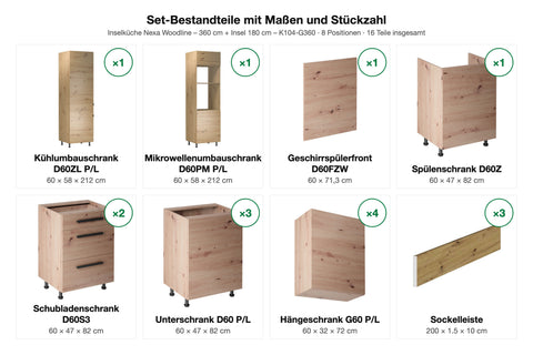 Inselküche Nexa Woodline – 360 cm + Insel 180 cm – K104-G360 – Set-Bestandteile mit Maßen und Stückzahl