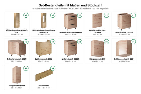 U-Küche Nexa Woodline – 390 × 260 cm – K106-G860 – Set-Bestandteile mit Maßen und Stückzahl