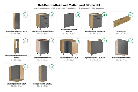 U-Küche Nexa Grau – 390 × 260 cm – K106-G860 – Set-Bestandteile mit Maßen und Stückzahl