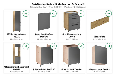 Küchenzeile Nexa Grau – 360 cm – K109-G360 – Set-Bestandteile mit Maßen und Stückzahl