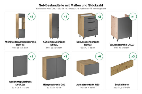 Küchenzeile Nexa Grau – 360 cm – K72-G360 L – Set-Bestandteile mit Maßen und Stückzahl