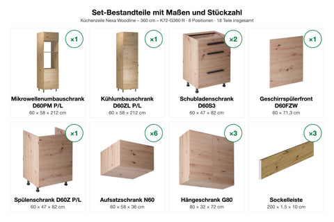 Küchenzeile Nexa Woodline – 360 cm – K72-G360 R – Set-Bestandteile mit Maßen und Stückzahl