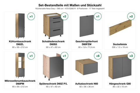Küchenzeile Nexa Grau – 360 cm – K72-G360 R – Set-Bestandteile mit Maßen und Stückzahl