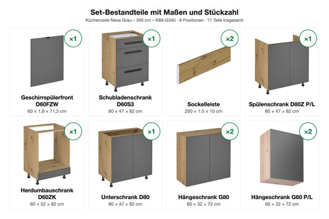 Küchenzeile Nexa Grau – 340 cm – K89-G340 – Set-Bestandteile mit Maßen und Stückzahl