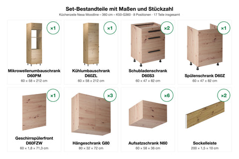 Küchenzeile Nexa Woodline – 360 cm – K50-G360 – Set-Bestandteile mit Maßen und Stückzahl