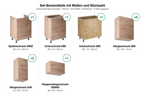 Küchenzeile Nexa Woodline – 260 cm – K16-G260 – Set-Bestandteile mit Maßen und Stückzahl