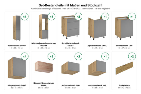 Küchenzeile Nexa Beige & Woodline – 400 cm – K18-G400 – Set-Bestandteile mit Maßen und Stückzahl