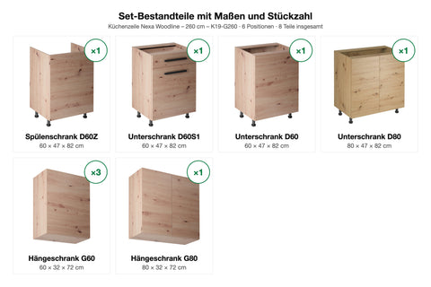 Küchenzeile Nexa Woodline – 260 cm – K19-G260 – Set-Bestandteile mit Maßen und Stückzahl