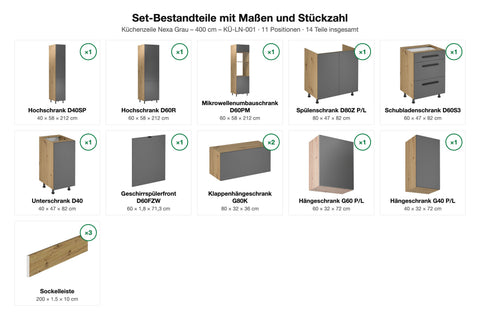 Küchenzeile Nexa Grau – 400 cm – KÜ-LN-001 – Set-Bestandteile mit Maßen und Stückzahl