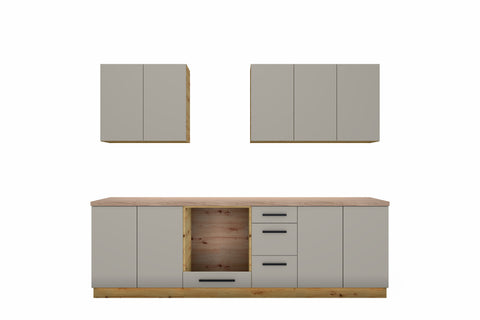 Küchenzeile Nexa Beige – 260 cm – mit Herdumbauschrank – K97-G260 – freigestellt auf Weiß