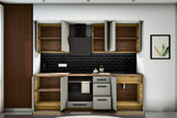 Küchenzeile Nexa Beige – 260 cm – mit Herdumbauschrank – K97-G260 – Türen, Klappen und Auszüge geöffnet