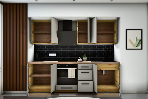 Küchenzeile Nexa Beige – 260 cm – mit Herdumbauschrank – K97-G260 – Türen, Klappen und Auszüge geöffnet