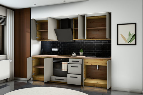 Küchenzeile Nexa Beige – 260 cm – mit Herdumbauschrank – K97-G260 – geöffnet, über Eck von rechts