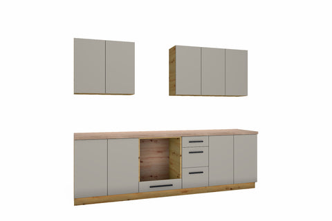 Küchenzeile Nexa Beige – 260 cm – mit Herdumbauschrank – K97-G260 – freigestellt, über Eck von links