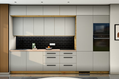 Küchenzeile Nexa Beige – 360 cm – mit Aufsatzschränken und 2 Hochschränken – K72-G360 R – Raumansicht frontal