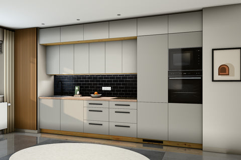 Küchenzeile Nexa Beige – 360 cm – mit Aufsatzschränken und 2 Hochschränken – K72-G360 R – Raumansicht über Eck von rechts