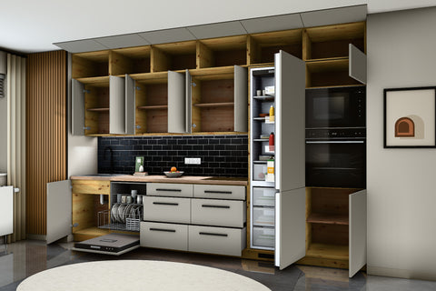 Küchenzeile Nexa Beige – 360 cm – mit Aufsatzschränken und 2 Hochschränken – K72-G360 R – geöffnet, über Eck von rechts