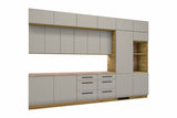 Küchenzeile Nexa Beige – 360 cm – mit Aufsatzschränken und 2 Hochschränken – K72-G360 R – freigestellt, über Eck von links