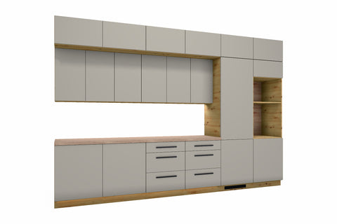 Küchenzeile Nexa Beige – 360 cm – mit Aufsatzschränken und 2 Hochschränken – K72-G360 R – freigestellt, über Eck von links