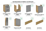 Set-Bestandteile mit Maßen und Stückzahl – Küchenzeile Nexa Beige & Artisan-Eiche – 300 cm – KÜ-LAN-002