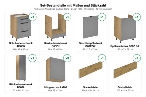 Set-Bestandteile mit Maßen und Stückzahl – Küchenzeile Nexa Beige & Artisan-Eiche – 300 cm – KÜ-LAN-002