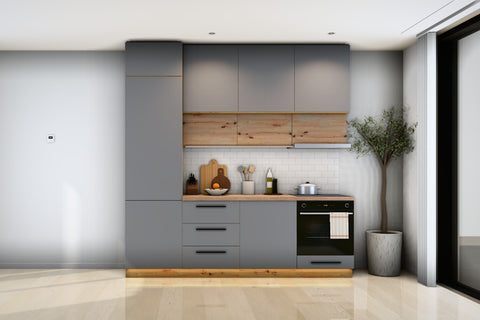 Küchenzeile Nexa Grau & Woodline – 240 cm – K17-G240 – Raumansicht frontal