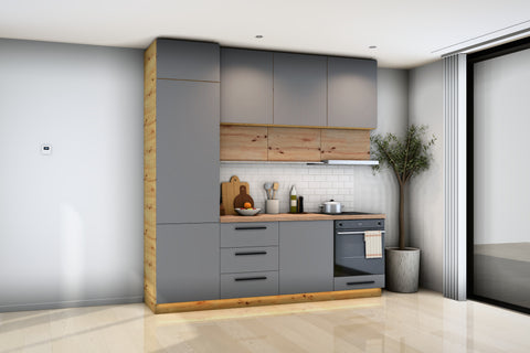 Küchenzeile Nexa Grau & Woodline – 240 cm – K17-G240 – Raumansicht über Eck von links