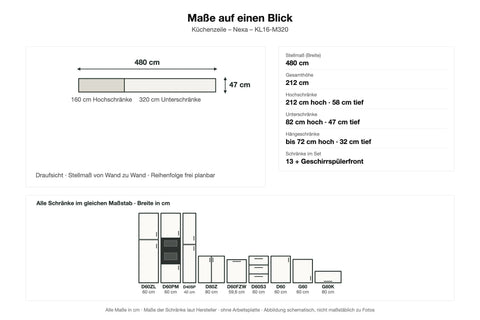 Maße Küchenzeile Nexa KL16-M320: Stellmaß 480 cm – Farbe Grau Matt
