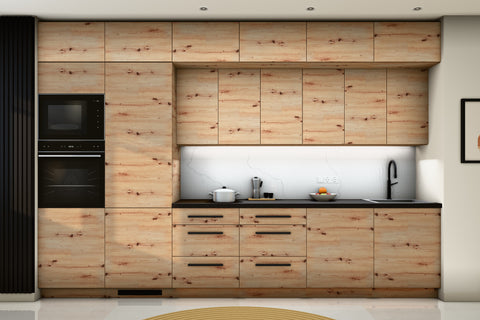 Küchenzeile Nexa Woodline – 360 cm – mit Aufsatzschränken und 2 Hochschränken – K72-G360 L – Raumansicht frontal