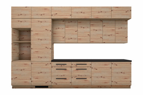 Küchenzeile Nexa Woodline – 360 cm – mit Aufsatzschränken und 2 Hochschränken – K72-G360 L – freigestellt auf Weiß