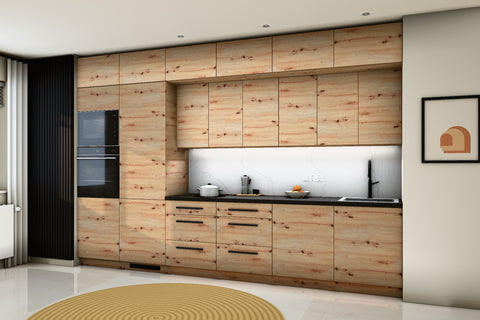 Küchenzeile Nexa Woodline – 360 cm – mit Aufsatzschränken und 2 Hochschränken – K72-G360 L – Raumansicht über Eck von rechts