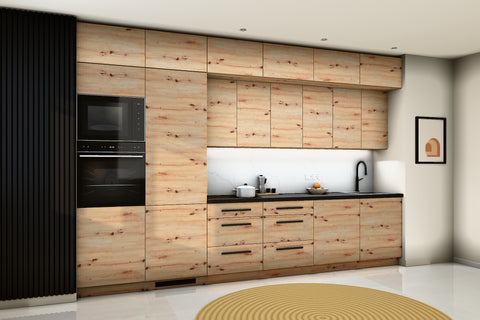 Küchenzeile Nexa Woodline – 360 cm – mit Aufsatzschränken und 2 Hochschränken – K72-G360 L – Raumansicht über Eck von links