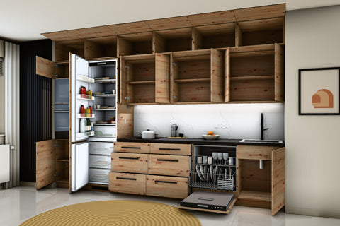 Küchenzeile Nexa Woodline – 360 cm – mit Aufsatzschränken und 2 Hochschränken – K72-G360 L – geöffnet, über Eck von rechts