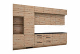 Küchenzeile Nexa Woodline – 360 cm – mit Aufsatzschränken und 2 Hochschränken – K72-G360 L – freigestellt, über Eck von links