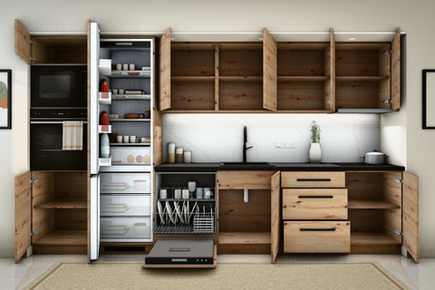Küchenzeile Nexa Woodline – 360 cm – mit Kühl- und Geräte-Hochschrank – K109-G360 – Türen, Klappen und Auszüge geöffnet
