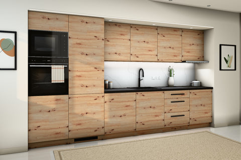 Küchenzeile Nexa Woodline – 360 cm – mit Kühl- und Geräte-Hochschrank – K109-G360 – Raumansicht über Eck von links