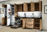 Küchenzeile Nexa Woodline – 360 cm – mit Kühl- und Geräte-Hochschrank – K109-G360 – geöffnet, über Eck von rechts