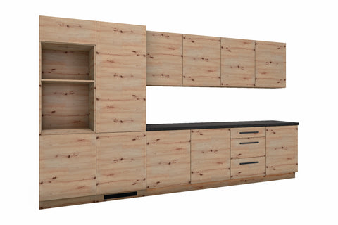 Küchenzeile Nexa Woodline – 360 cm – mit Kühl- und Geräte-Hochschrank – K109-G360 – freigestellt, über Eck von links