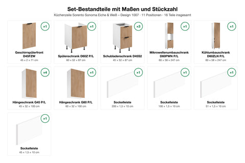 Set-Bestandteile mit Maßen und Stückzahl – Küchenzeile Sorento Sonoma Eiche & Weiß – 360 cm – KÜ-SORENTOW-002