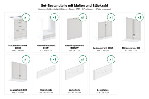 Set-Bestandteile mit Maßen und Stückzahl – Küchenzeile Sycylia Weiß Creme – 260 cm – KÜ-SYC-002