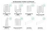 Set-Bestandteile mit Maßen und Stückzahl – Küchenzeile Velmora Weiß Hochglanz – 300 cm – KÜ-VELM-015