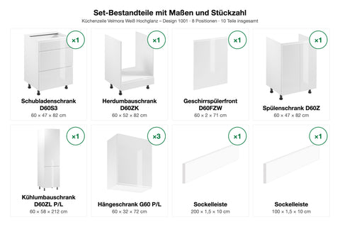 Set-Bestandteile mit Maßen und Stückzahl – Küchenzeile Velmora Weiß Hochglanz – 300 cm – KÜ-VELM-015