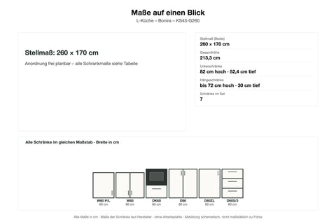 Maße L-Küche Bonira KS43-G260: Stellmaß 260 × 170 cm